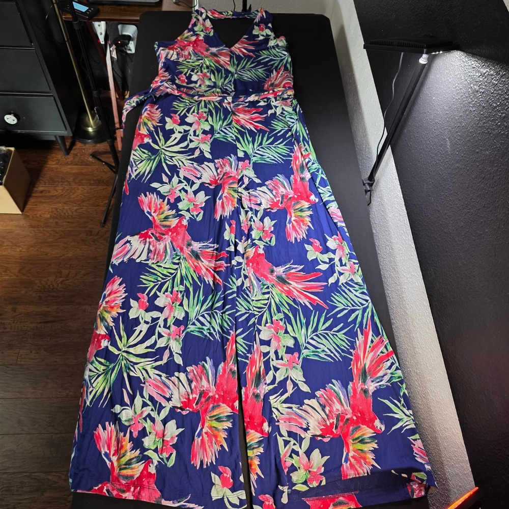 Sofia Jeans by Sofia Vergara Tropical Parrot Halter Wide Leg Jumpsuit Navy L